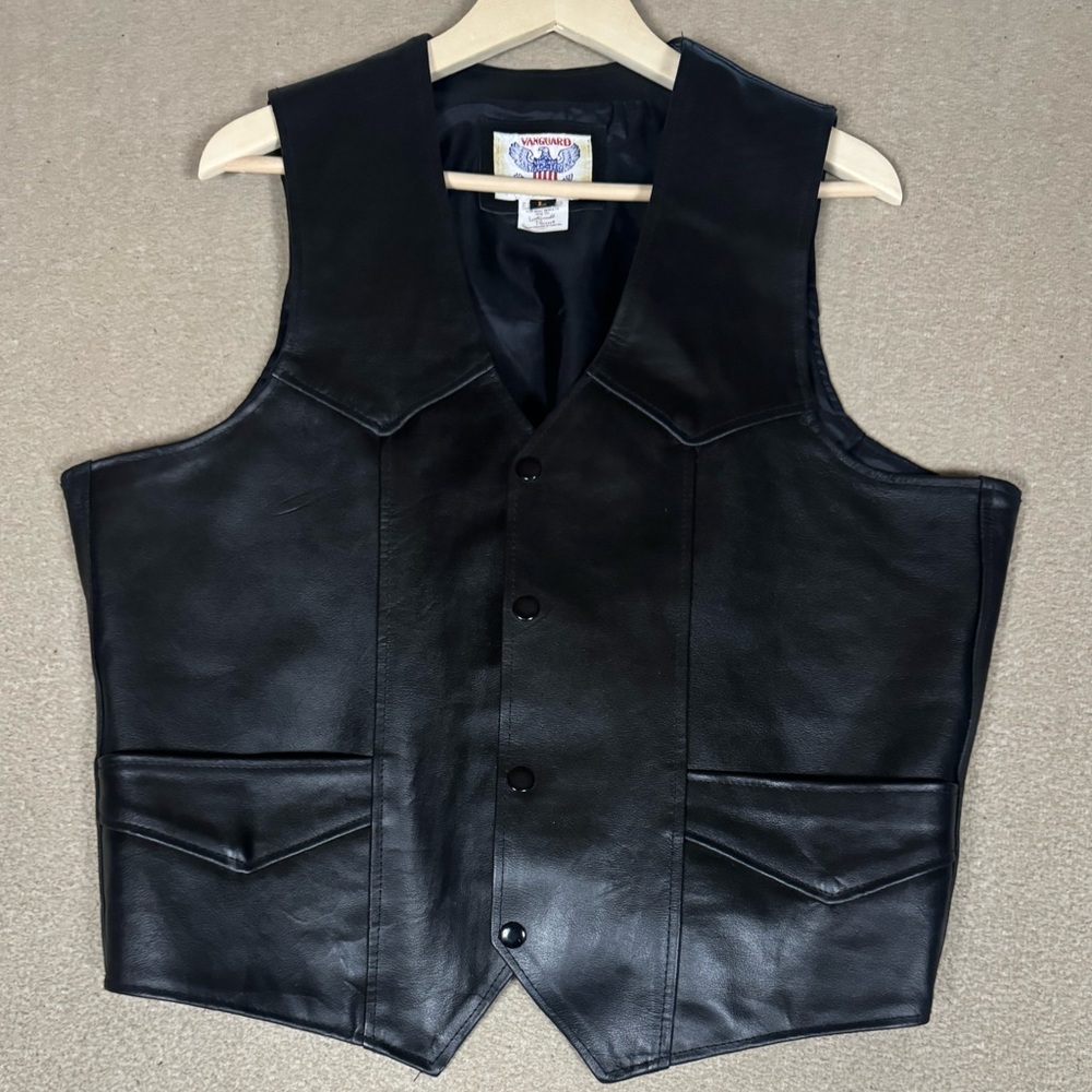 Vintage Vanguard Leather Vest Size Large Black Button Down Biker Motorcycle